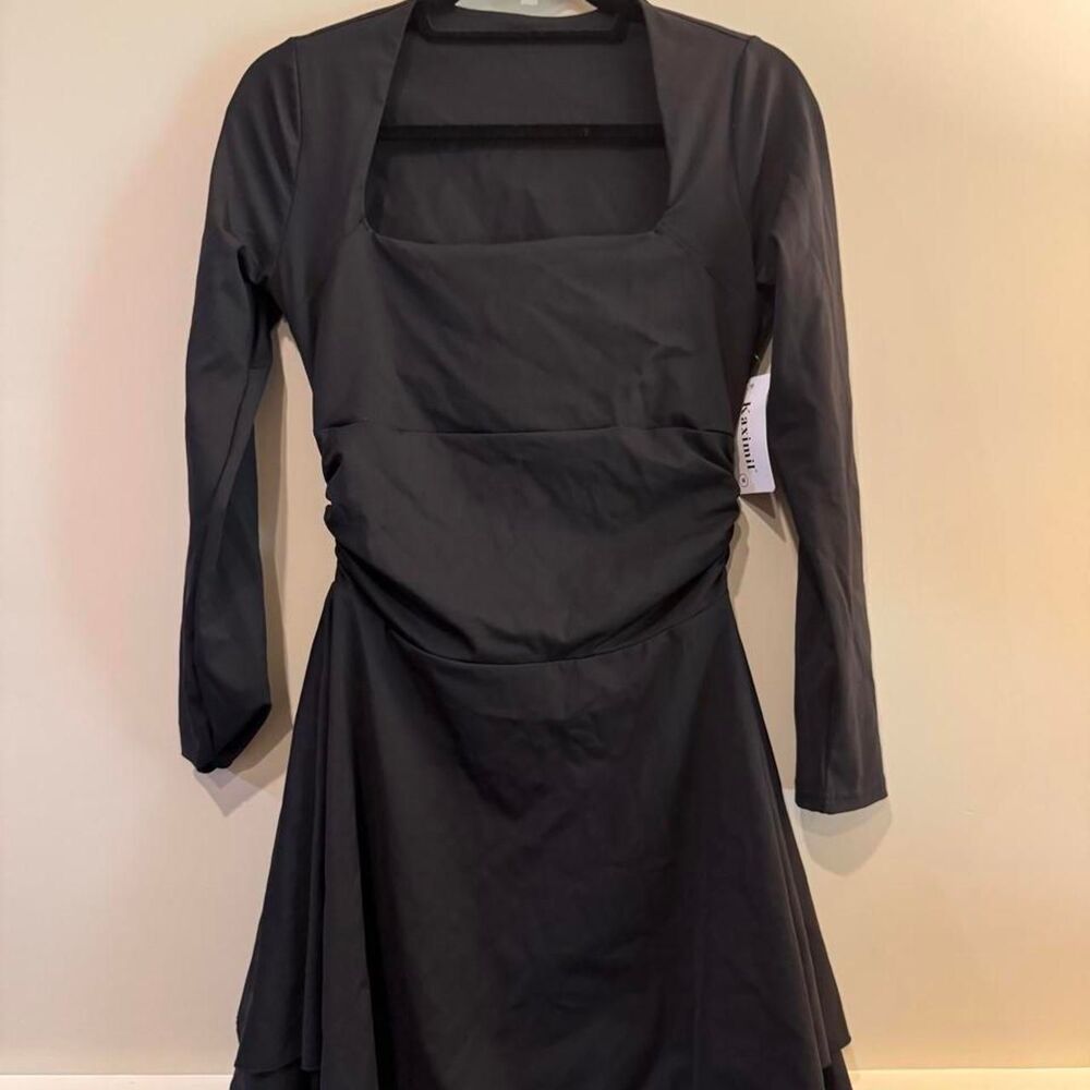Kaximil black mini dress with square neckline and long sleeves, NWT size M